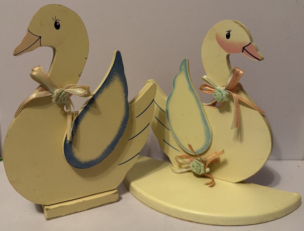 Vintage Pair Wooden Swans Hand Painted Paper Towel Holder And Shelf/Decoration